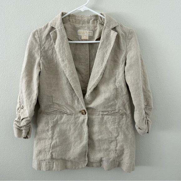 Michael Kors Linen Blazer Jacket Petite Size 4 Single Button Ruched Sleeve Beige - Picture 1 of 11